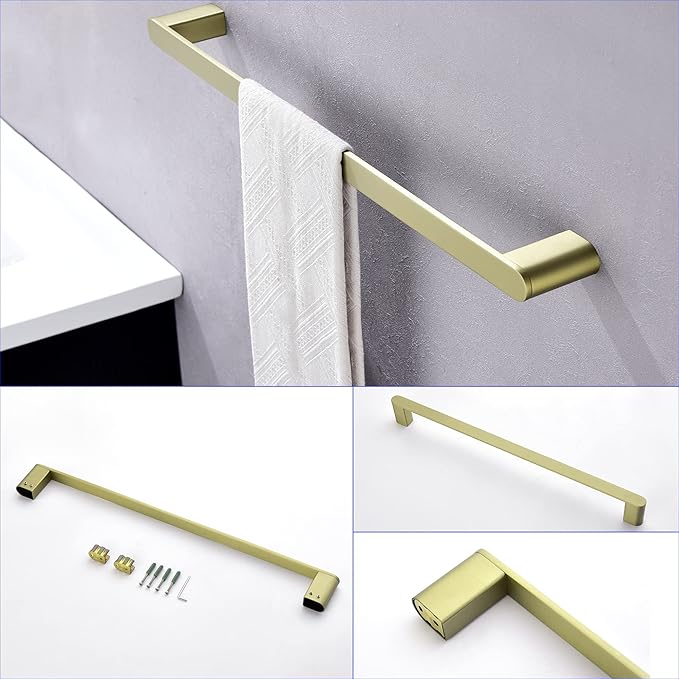 SHAMANDA Bathroom Hardware Set, 4-Piece Bath Accessory Towel Rack Set Brushed Gold Wall Mount Includes 24 Inch Towel Bar, Towel Robe Hook, Toilet Roll Paper Holder, Hand Tower Holder, BAS101-3