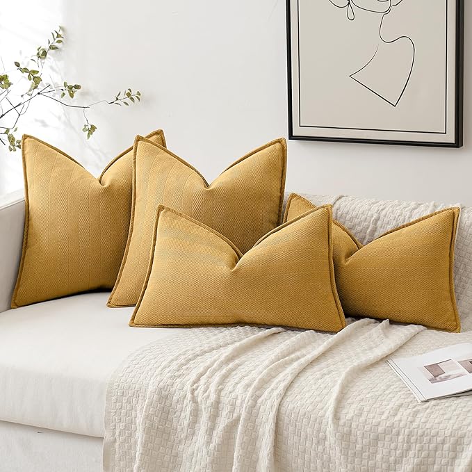MIULEE Pack of 2 Gold Decorative Lumbar Pillow Covers 12x20 Inch Soft Chenille Luxurious Couch Throw Pillows Farmhouse Cushion Covers with Elegant Design for Sofa Bedroom Living Room Home Decor