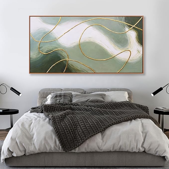 Framed Abstract Wall Art Room Decor Aesthetic Green White and Gold Lines Boho Canvas Wall Decor Artwork Modern Home Wall Decor for Living Room Bedroom Office Decor 24"x48"