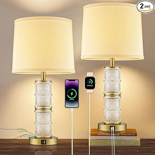 GRUENLICH Crystal Bedside Lamps Set of 2, Gold Bedroom Nightstand Light with Touch Control, 3-Way Dimmable Table Lamps, USB C+A Charging Ports for Living Room and End Tables