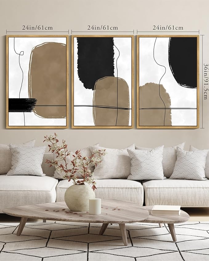 KUVIOKE Abstract Wall Art Framed Neutral Beige Mid Century Textured Artwork Black Minimalist Line Modern Illustrations Bedroom Hallway Ready to Hang 24x36in (Natural Framed)
