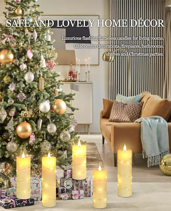 Da by Flickering Flameless Candles with String Lights, Battery Operated Candles with Remote and Timer, LED Pillar Candle Real Wax,5 Pack-Ivory White