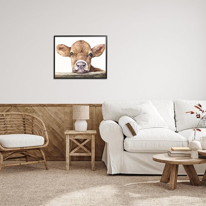 Stupell Industries Cute Baby Cow Animal Watercolor Painting Framed Giclee Art Design By Artist George Dyachenko