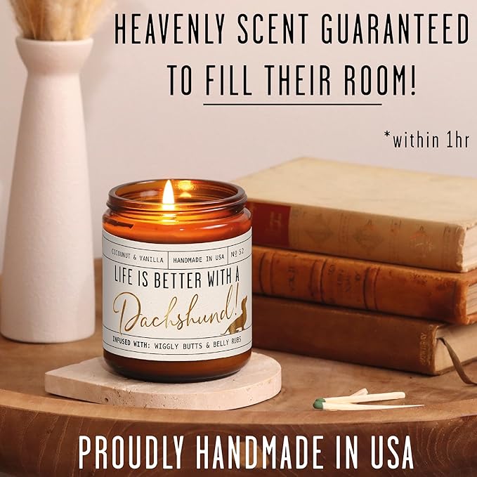 Dachshund Gifts for Women - 'Life is Better with a Dachshund' Candle, w/Vanilla, Coconut & Citrus - infused w/Essential Oils I Weiner Dog Gifts for Women I Dachshund Decor I 50Hr Burn, USA Made