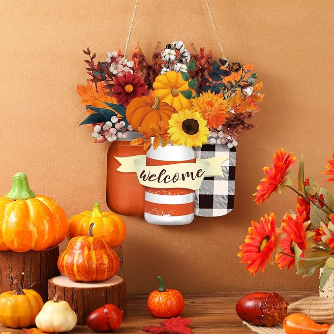 Spiareal Fall Decor Wood Fall Door Sign Pumpkin Thanksgiving Welcome Sign for Front Door Autumn Wooden Wreath Sunflower Porch Wall Art Farmhouse Rustic Outdoor Decorations