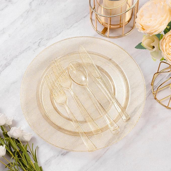 Goodluck 120PCS Gold Plastic Plates, Disposable Gold Glitter Plates, Heavy Duty 60pcs 10.25" Dinner Plates, 60pcs 7.5" Disposable Dessert Plates, Disposable Plates for Party, Wedding