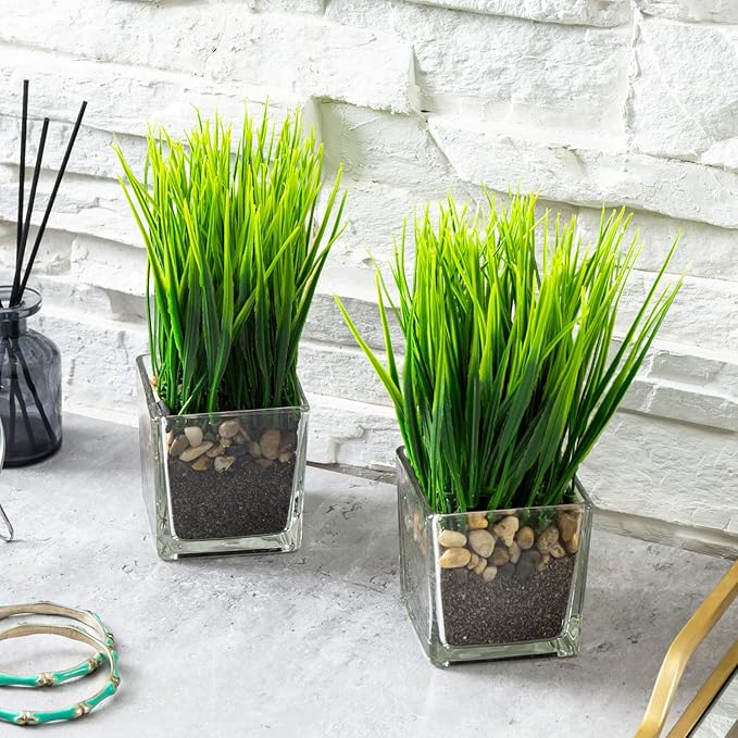 MyGift Artificial Grass Plants in Modern Square Clear Glass Pots with Faux Pebbles and Soil, Decorative Potted Greenery Plant in Tabletop Planter, Set of 2