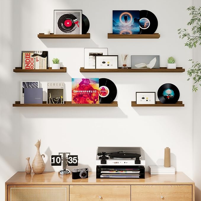 Axeman Picture Ledge Shelf, Floating Shelves for Wall Decor Storage Set of 6, 16 inch Floating Wall Mounted Shelves, Wall Shelves with Lip for Living Room, Bedroom, Nursery, Bathroom, Kitchen, Walnut