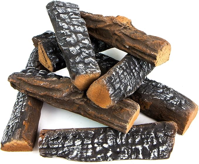 Barton 10-Pieces Ceramic Logs Set Gas Vented Fireplace Realistic Fire Log Stackable Logs Fire Place Fire Pit Insert Fireplace (10pcs) Wood Logs