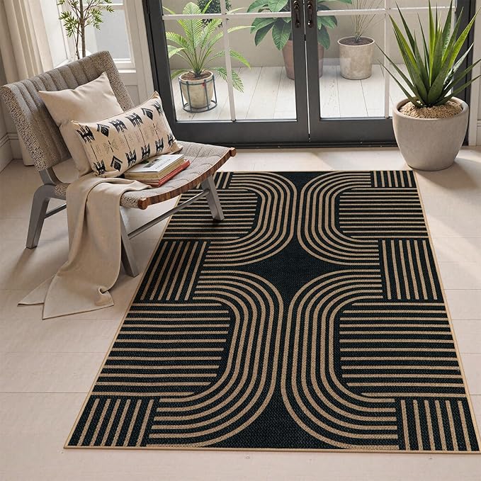 Lahome Modern Geometric Outdoor Easy Jute Rug, 3x5 Indoor Outdoor Rugs for Entryway Black Living Room Carpet, Farmhouse Washable Non Slip Carpet for Patio Courtyard Bedroom