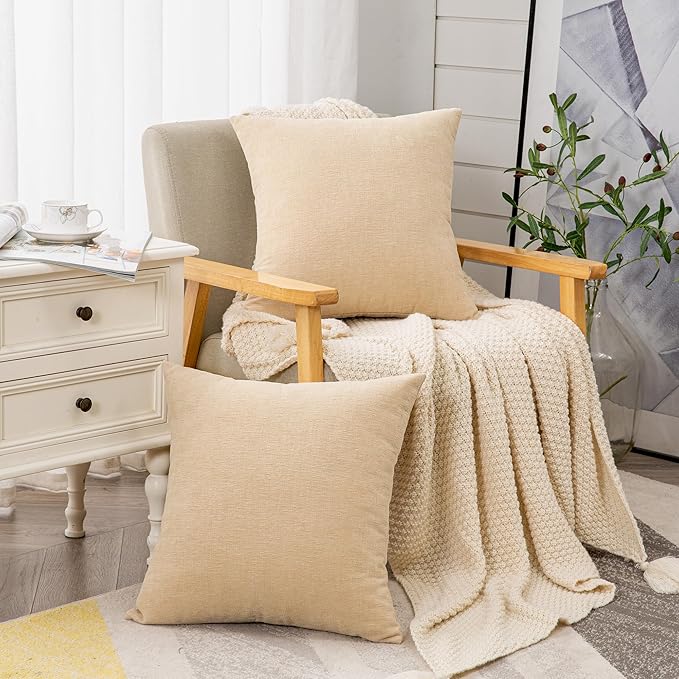 GAWAMAY Decorative Square Throw Pillow Covers 20"x20" Inch Set of 2, Super Soft Chenille Pillows Farmhouse Fall Pillowcase for Living Room Bedroom Sofa Couch Cushion Cover Beige 50x50cm (No Insert)