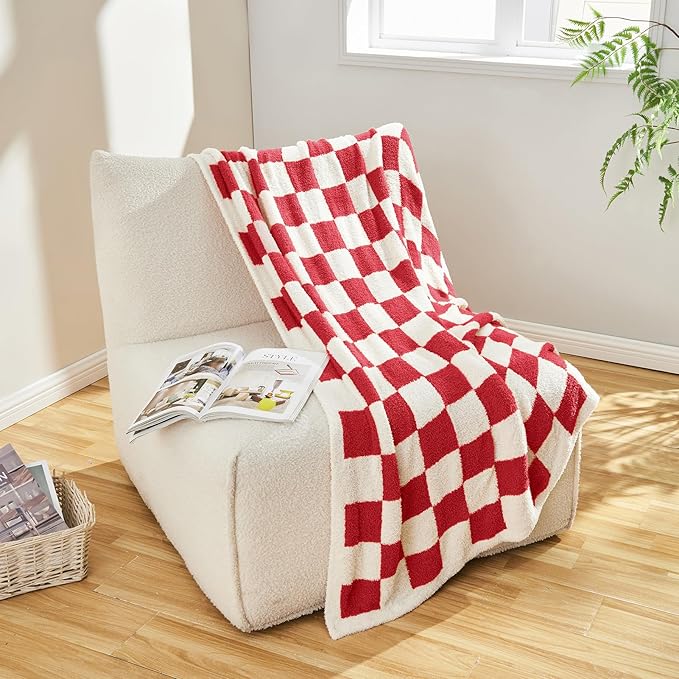 CozeCube Checkered Blanket, Ultra Soft Cozy Christmas Red and White Throw Blanket, Warm Cozy Knit Fuzzy Plush Checkerboard Throw for Couch Bed Sofa, 50"x60"