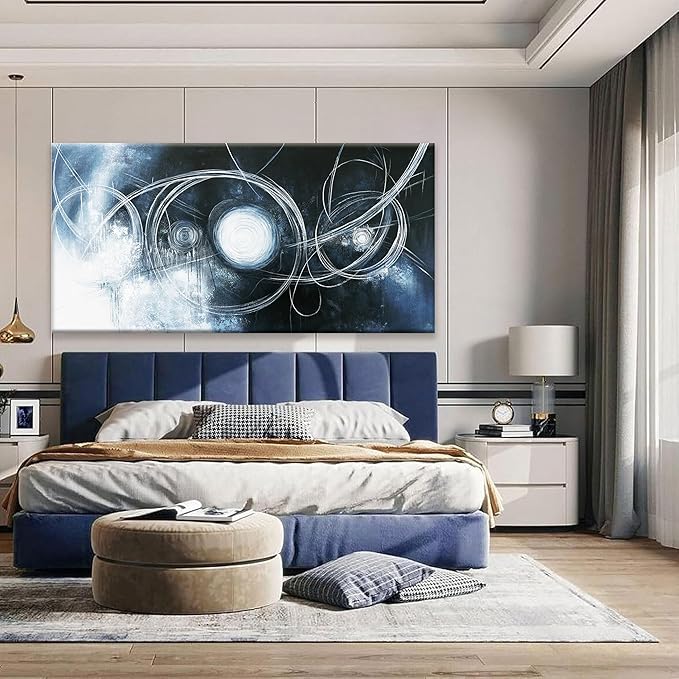 TAIJXAGSG Abstract Wall Art Modern Wall Decorations Maximalist Dark Blue Canvas Wall Art Decor Prints White Line Artwork For Living Room Bedroom Kitchen Office Artwork Ready To Hang 24"×48"