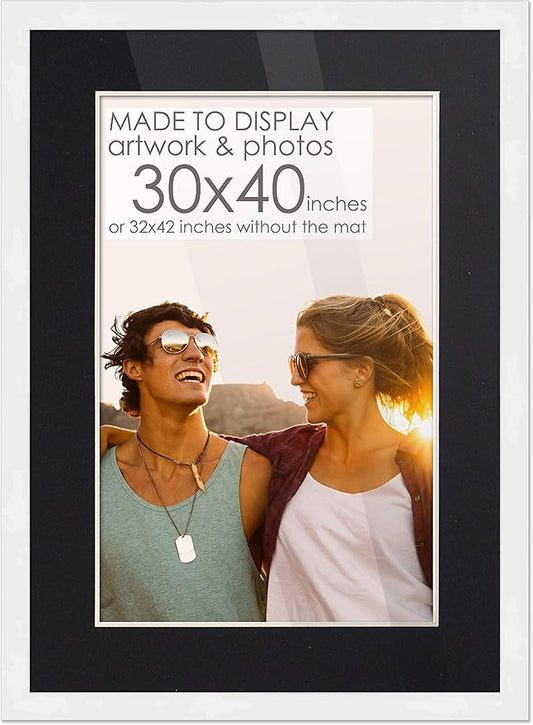 30x40 Frame White Wood with Black Mat | 32x42 Frame Matted to 30x40 | Display Your Poster Under UV Acrylic Shatter Guard Front, with Foam Board Backing and Wall Hanging Hardware - Wood Frame