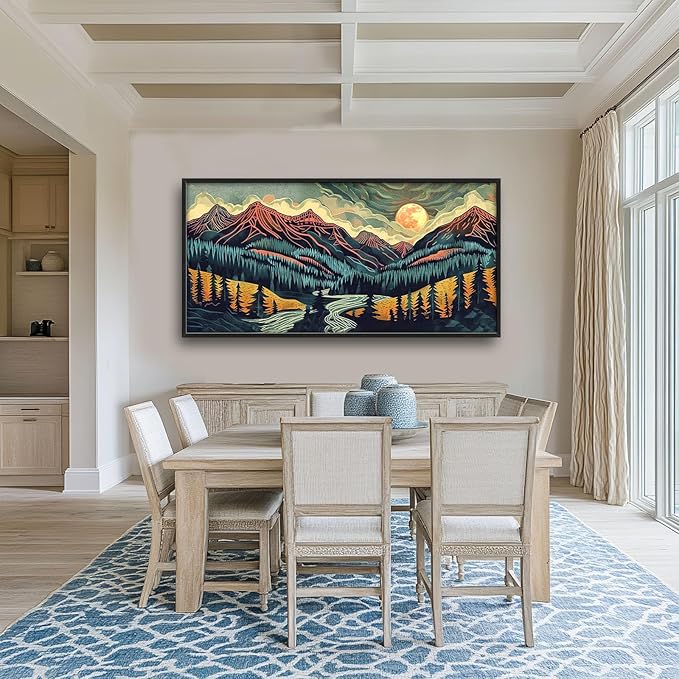 Quorin Boho Mountain Large Wall Art Abstract Pictures Lake Pine Tree Forest Foggy Sunset Wall Decor Nature Landscape Canvas Print Painting Artwork for Bathroom Living Room Bedroom 60L x 30W