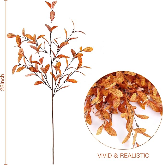 Sggvecsy 6 Pcs Artificial Fall Eucalyptus Stems Fall Eucalyptus Leaves Silk Autumn Leaf Branches Fall Decorations for Home Vase Thanksgiving Table Centerpieces Harvest Festival Decor (Orange)