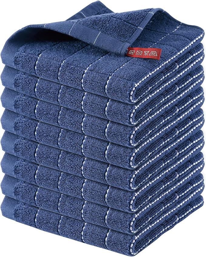 Homaxy 100% Cotton Terry Kitchen Dish Cloths, Ultra Soft and Absorbent Dish Towels for Kitchen, Suitable for Drying and Washing Dishes, 8 Pack, 12 x 12 Inches, Navy Blue