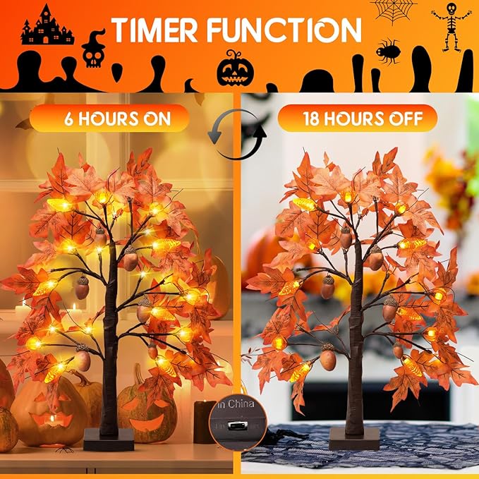 Fall Maple Leaf Table Lighted Tree - Thanksgiving Decorations 2 Pack Home Decor with 48 LED Lights for Indoor Outdoor Room Decoration Artificial Harvest Autumn Trees Battery Operated for Home Party