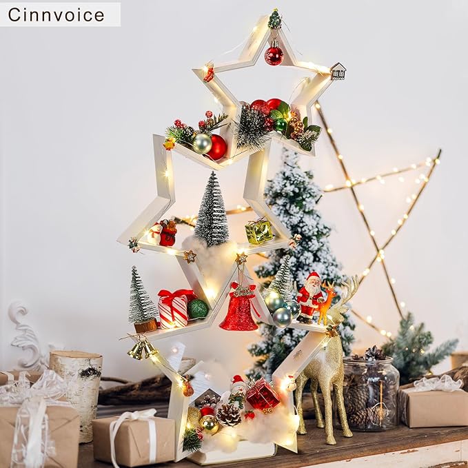 3 Pcs Christmas Wooden Table Decoration Centerpiece Sign Crafts for Farmhouse Desk Coffee Tabletop Fireplace Mantle Bookshelf Tiered Tray Shelf Accents Rustic DIY Ornament(White,Star)