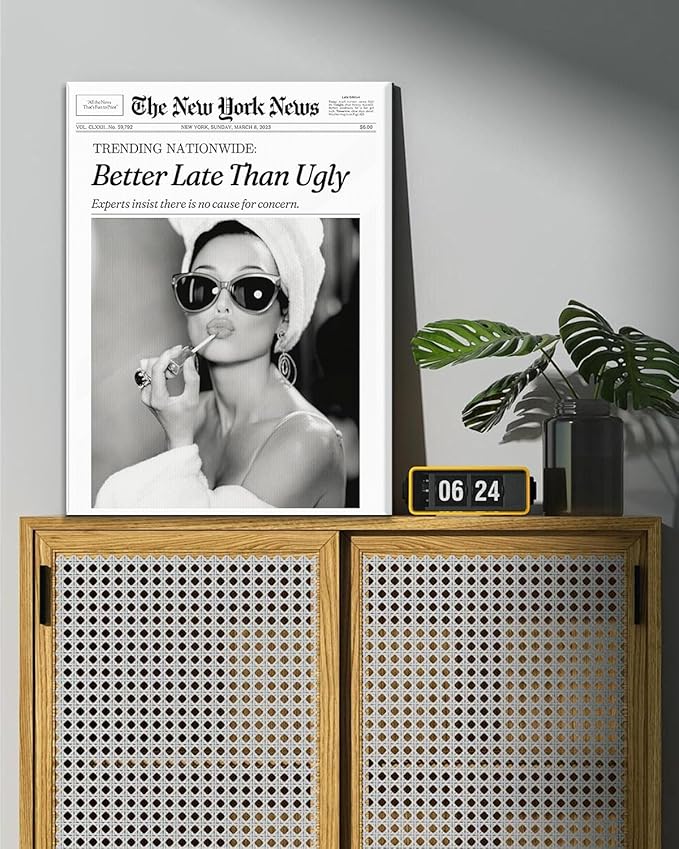 Audrey Hepburn Canvas Wall Art Better Late Than Ugly Canvas Wall Print 20x24, Waterproof Newspaper Black And White Prints for Bedroom Bathroom Decor,Vintage Gifts for Wall Decor Dorm Room Apartment