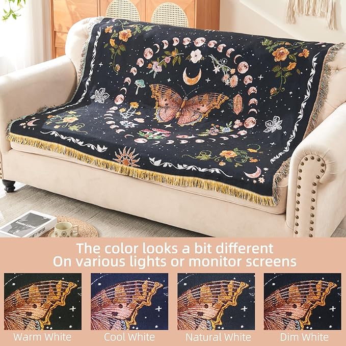 Boho Throw Blanket Reversible Cotton Bohemian Tapestry Hippie Room Decor Outdoor Blanket Double Sided (Black Butterfly 50"x60")
