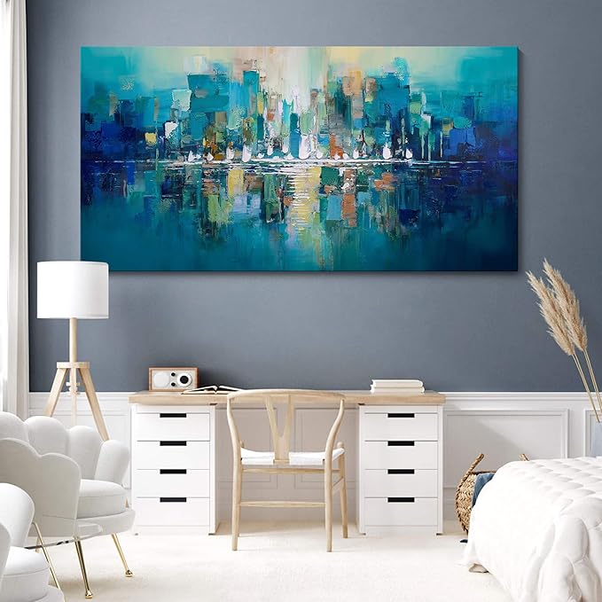 Large Wall Art for Living Room - Abstract Wall Decor Framed Picture Artwork for Wall Decorative Paintings Teal and White Modern Office Bedroom Art
