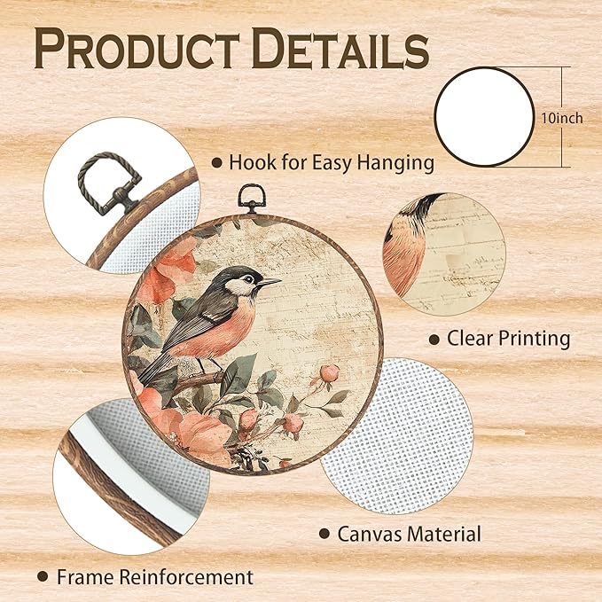 Tzhim Vintage Floral Sparrow Bird Round Wall Art, Rustic Pink Rose Bird Round Wall Decor Framed, Cottagecore Farmhouse Canvas Walls Sculptures for Home Room Decor, 10x10 Inch