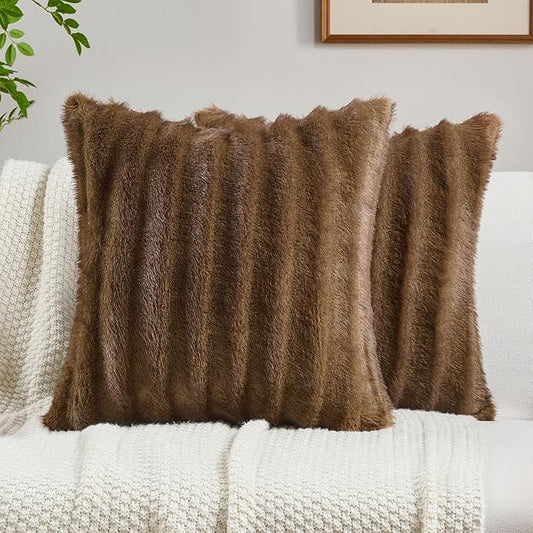 FUTEI Brown Decorative Throw Pillow Covers 22x22 Inch Set of 2,Soft Fluffy Faux Mink Fur Dyeing Striped Textured Cushion Case,Modern Home Decor for Couch Bed Living Room