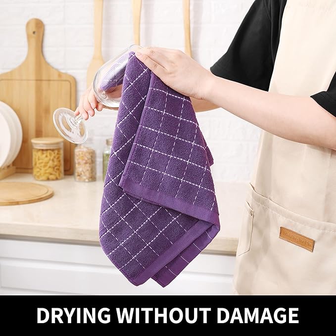Homaxy 100% Cotton Terry Kitchen Towels(Purple, 13 x 28 inches), Checkered Designed, Soft and Super Absorbent Dish Towels, 8 Pack