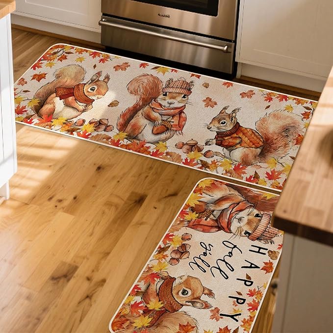 Happy Fall Y'all Squirrel Kitchen Rugs Set of 2, Seasonal Autumn Thanksgiving Holiday Home Decor Low-Profile Kitchen Mats for Floor - 17x29 and 17x47 Inch
