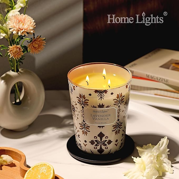 HomeLights Large jar Candle | 3-Wick Long-Lasting Scented Candles, 34oz Natural Soy Wax Candle for Home Scented, Bohemian Natural Textures Gifts for Women & Men, Lavender Vanilla