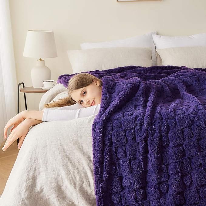 NEWCOSPLAY Super Soft Throw Blanket Purple Premium Silky Flannel Fleece 3D Heart Checkered Lightweight Bed Blanket All Season Use (Purple Heart, Throw(50"x70"))