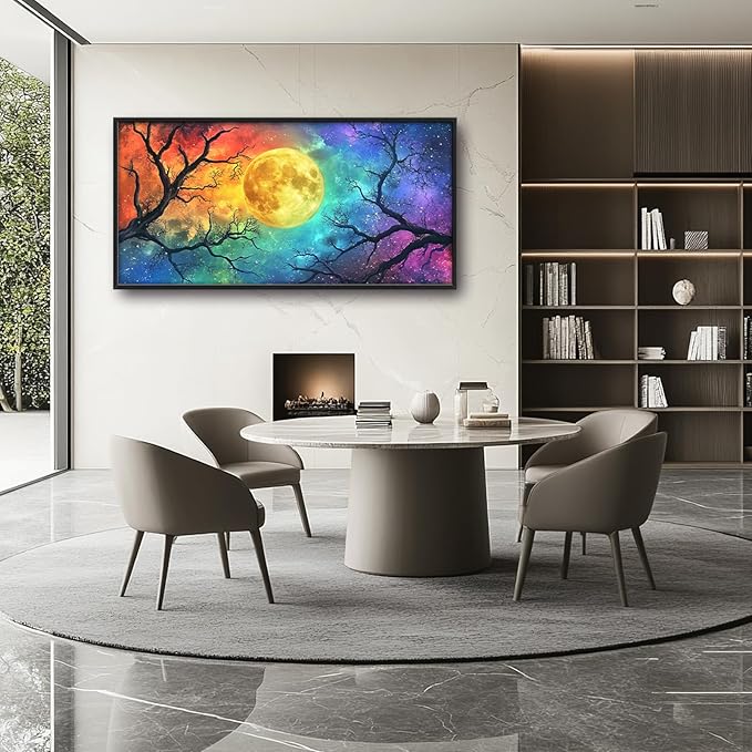 Extra Large Framed Abstract Moon Wall Art,Oversized Colorful Starry Night Tree Branch Wall Decor Pictures for Living Room,Canvas Print Painting Modern Artwork Bedroom Office Bathroom 60L x30W