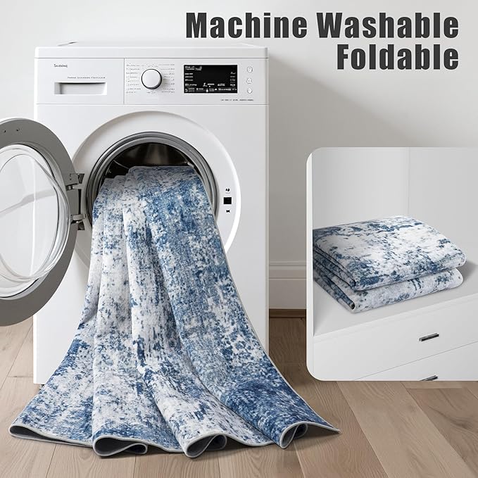 5x7 Area Rug Living Room Rug: Washable Modern Abstract Soft Thin Rug Indoor Floor No Slip Stain Resistant Carpet for Bedroom Dining Room Farmhouse Nursery Home Office - Blue