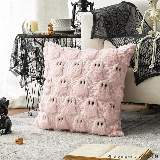 AVOIN colorlife Halloween Ghost Pink Throw Pillow Cover Set of 2, 18 x 18 Inch Soft Plush Faux Fur Jacquard Spooky Cushion Case Decoration for Sofa Couch