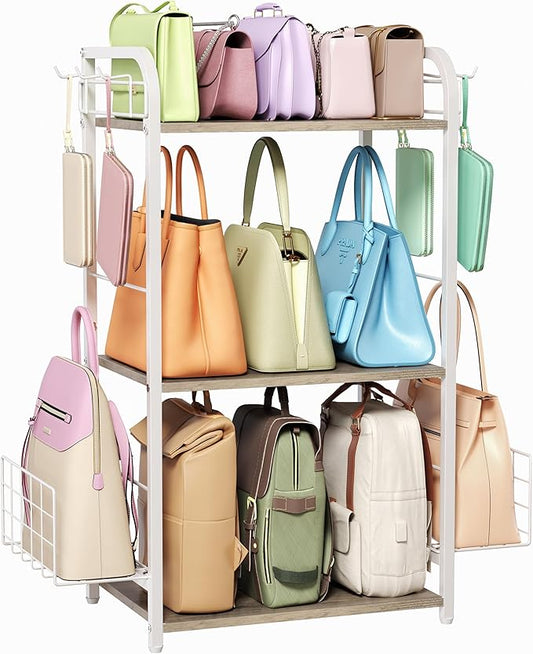 White Purse Organizer, 3-Tier Floor Standing Bag Rack Stand Featuring Side Hooks and Baskets, Adjustable Feets, High Capacity Metal & Wood Handbag Holder Design for Closet Storage, Patent Pending