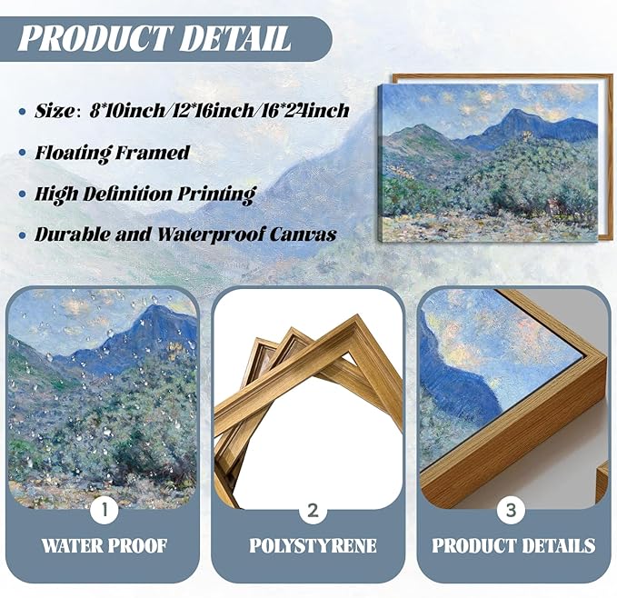 Vintage Framed Monet Wall Art – Impressionist Blue Green Forest Oil Painting Canvas Prints – Tranquil Nature Hillside Landscape Aesthetic Wall Decor for Living Room Bedroom Bathroom – 12"x16"