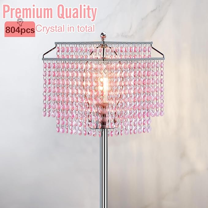 Luvkczc Pink Crystal Floor Lamp, 64" Tall Standing Lamps with Double-Layer Lampshade, Floor Lamps with On/Off Foot Switch, Elegant Floor Lamp for Living Room, Girl Bedroom, Dresser, Office