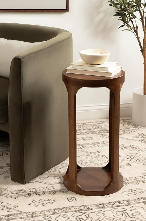 Kate and Laurel Dahl Modern Slatted Wooden Round Drink Table; 12 x 23; Walnut Brown; Transitional Wood Accent Pedestal Table for Use as Living Room Plant Stand or Small Bedroom Nightstand