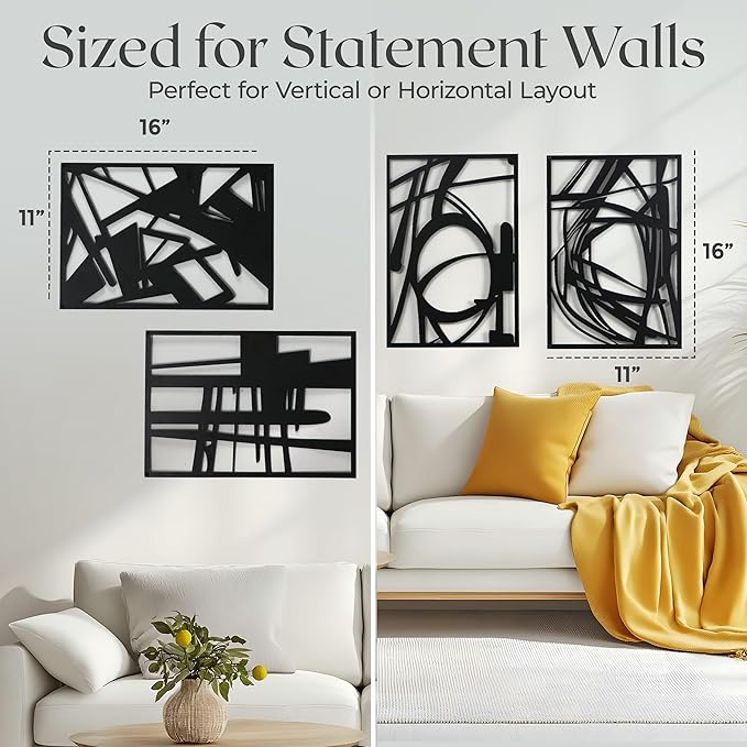 OUR NEST Pack of 4 Black Abstract Metal Wall Art – Minimalist Matte Finish 3D Line Art Wall Decor for Living Room, Bedroom, Bathroom, or Study (16" x 11")