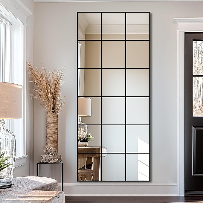 Delma Full Length Mirror, 28"x 55" Window Pane Decorative Mirror for Wall, Black Metal Framed Wall Decor, Wall Mounted, Hanging or Leaning for Bedroom, Living Room, Entryway