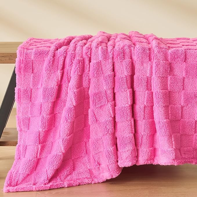 NEWCOSPLAY Super Soft Throw Blanket Hot Pink Premium Silky Flannel Fleece 3D Checkered Lightweight Bed Blanket All Season Use (Hot Pink Checkered, Throw(50"x70"))