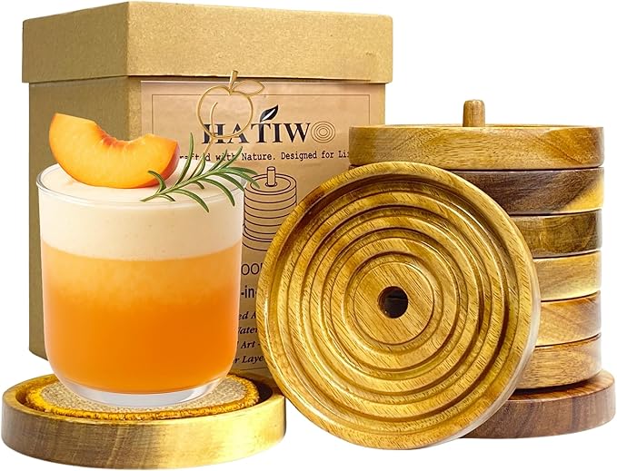Wooden Coasters Set of 6 with Holder (3.9") – Rustic Acacia Drink Coasters with Water Groove & Non-Slip EVA Base – Gift-Ready for Coffee Table, Bar & Kitchen Decor