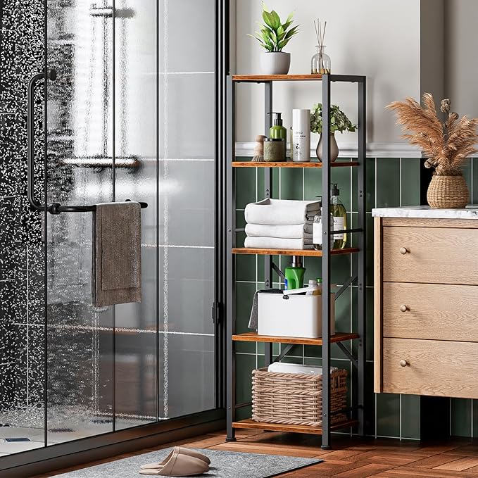 Furologee 5 Tier Tall Bookshelf, Rustic Narrow Bookcase, Display Standing Shelf Units, Metal and Wood Storage Shelves Organizer for Bedroom, Living Room, Home Office, Entryway, Kitchen, Rustic Brown