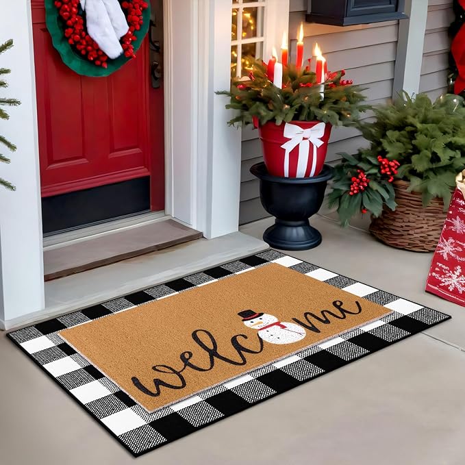 2 Pcs Christmas Door Mat Snowman Welcome Non Slip Coir Mats Merry Xmas Black White Buffalo Plaid Floor Layering Doormats Seasonal for Front Porch Entryway Decor(Snowman)