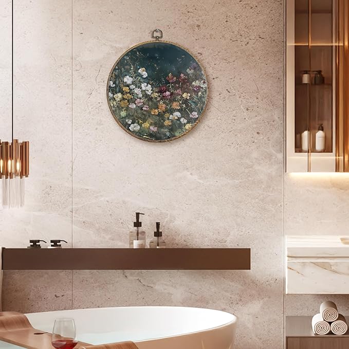 FUGWN Dark Cottagecore Moody Wildflower Round Wall Art Decor Framed, Vintage Flower Botanical Canvas Artwork Prints, Retro Colorful Floral Wall Hanging Decorations for Home Bedroom Room, 10x10 Inch