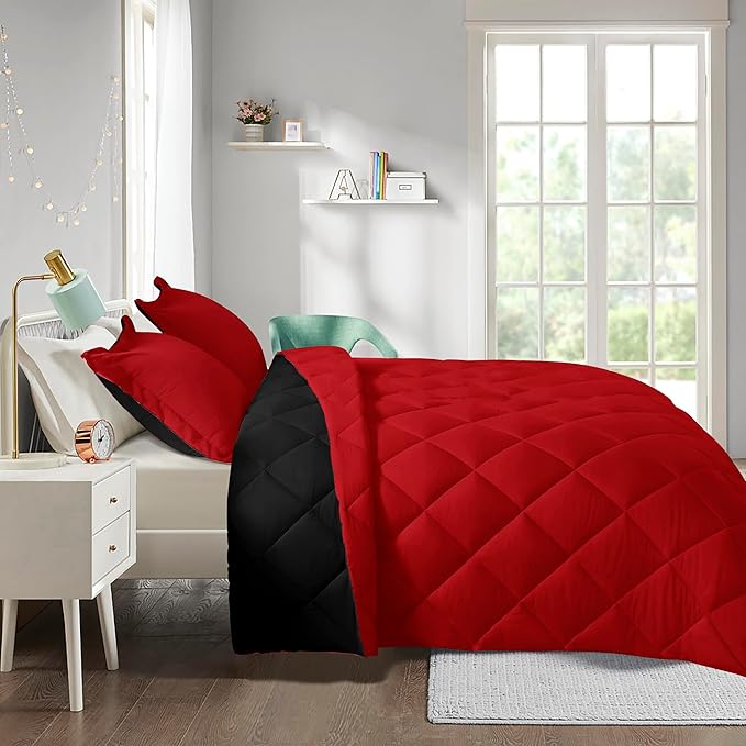 HIG 3pc Red Twin/Twin XL Comforter Set - All Season Reversible Down Alternative Comforter with Sham - Quilted Duvet Insert with Corner Tabs - Diamond Stitched Blanket - Breathable, Soft, Fluffy