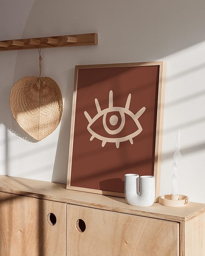 HAUS AND HUES Boho Posters Mid Century Modern Wall Decor - Abstract Art Prints Midcentury Modern Decor, Boho Wall Decor Minimalist Wall Art, Dark Clay Eye Lashes (Beige Framed, 12x16)