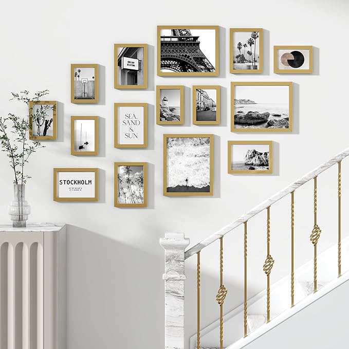 15 Pack Picture Frames Collage Wall Decor, Gallery Frame Set for Wall Mounting or Tabletop Display, Multi Sizes Including 3pcs 8x10, 6pcs 5x7, 6pcs 4x6, Gold