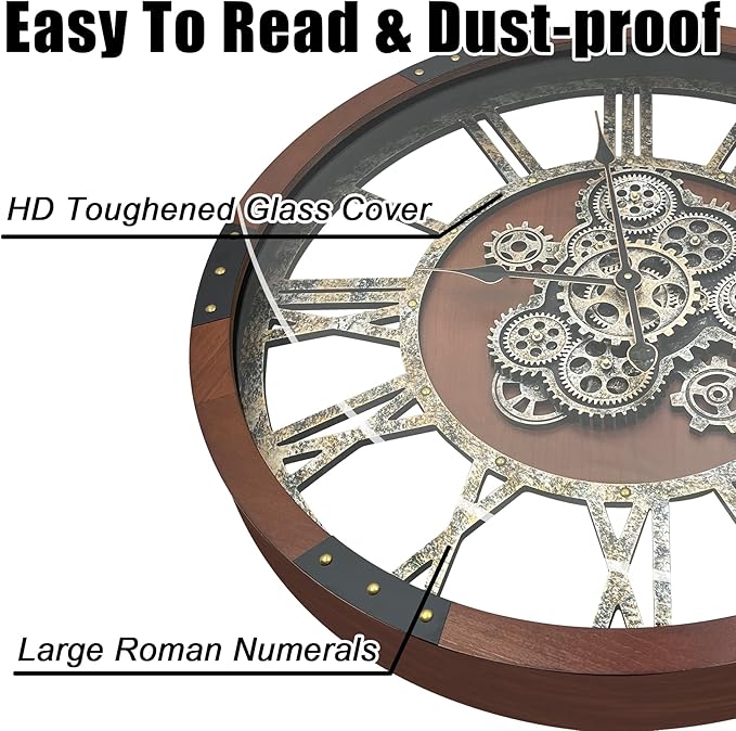 DORBOKER 30" Original Moving Gears Wall Clock, Large Industrial Wall Clock for Living Room Decor, Retro Wood Vintage Farmhouse Steampunk Rustic Clocks for Wall Decor,Black Walnut